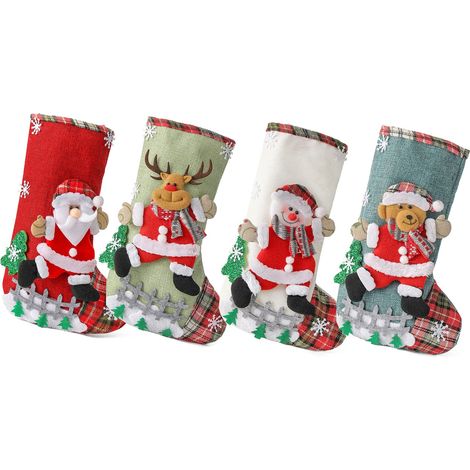 Set di 4 calze natalizie, lunghe circa 30 cm (11,8 pollici), perfette come sacchetti regalo natalizi e come calze da appendere per decorazioni natalizie. (1/5)