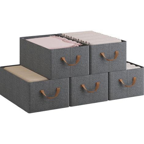 WOLTU Set of 5 Foldable Storage Boxes, Fabric Containers with Handles, 47x28x20 cm, Grey+Brown