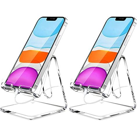 Dos soportes acrílicos para teléfono, soportes de escritorio transparentes y portátiles, para iPhone 16/15/14/13 Pro Max/Mini/12/11 Plus/SE, Switch y teléfonos inteligentes Android. (1/2)