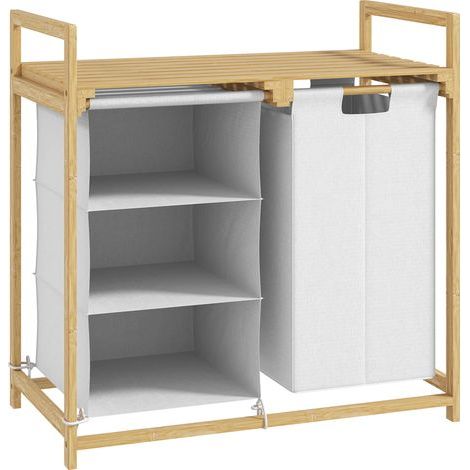 AMXCNOY Panier à linge 4 compartiments collecteur de linge avec 2 sacs extensibles et amovibles en tissu non-tissé, étagère 83L boîte à linge avec poignée trie-linge 70 x 36 x 70 cm bambou Blanc (1/5)
