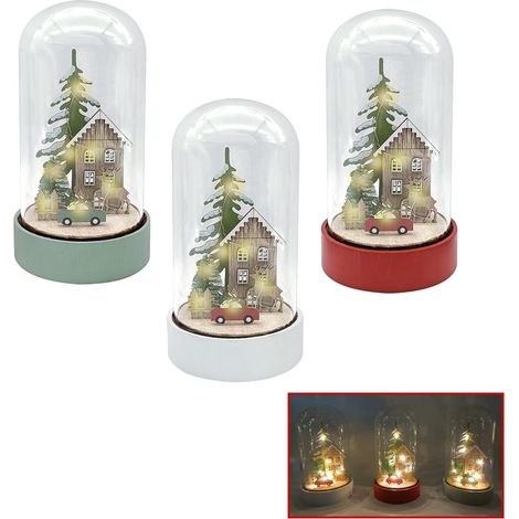 CAMPANA IN VETRO CON PAESAGGIO NATALIZIO CON LED IN COLORE ASSORTITO 11X21 CM
