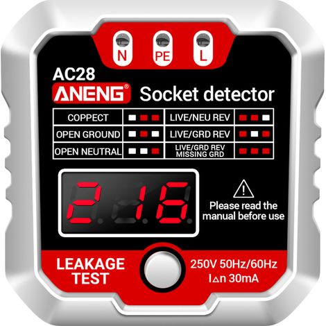 Probador de tomacorrientes, comprobador automático de circuitos, pantalla LCD, voltaje de 250 V, detector de polaridad - KISTO