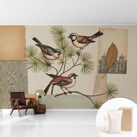 Papier peint intissé décoratif avec colle pour salon chambre et bureau Installation rapide Collage d'oiseaux 416x254 cm (1/5)