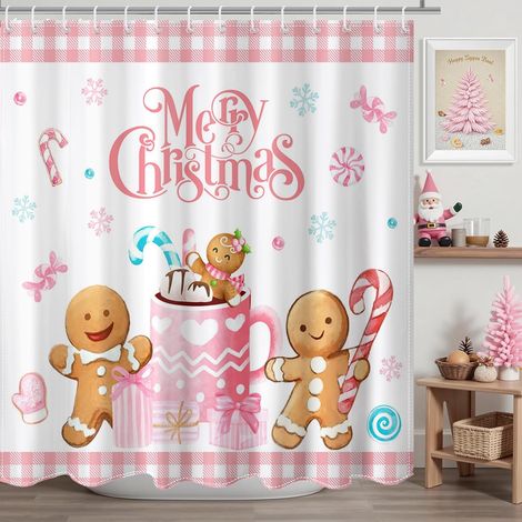 Rideau De Douche - Motif Noël - Carreaux Roses - Bonhomme En Pain D Épices - Flocons De Neige - Bonbons - 183 X 183 Cm - 12 Crochets (1/5)