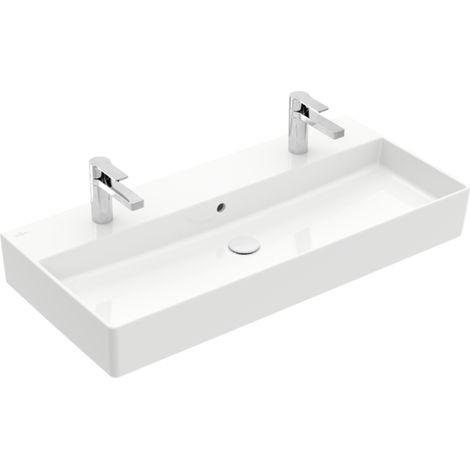 Villeroy & Boch – Vasque suspendue rectangulaire 1000x470mm – TitanCeram – Adaptée pour deux robinets à un trou – Avec trop-plein – Blanc Alpin (1/7)