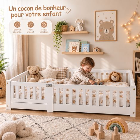 Lit Montessori au Sol 120x200 cm, Lit enfant en pin massif avec barrières anti-chute et Sommier à Lattes, Jusqu’à 230 kg - Montage Facile - pour Garçon et Fille (1/5)