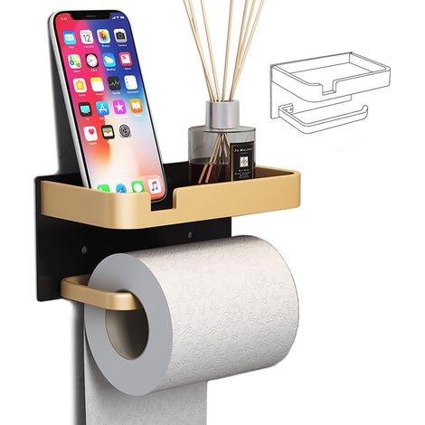 Portarrollos de papel higiénico de pared con soporte para teléfono, moderno portarrollos adhesivo, portarollos de baño negro y dorado (1/4)