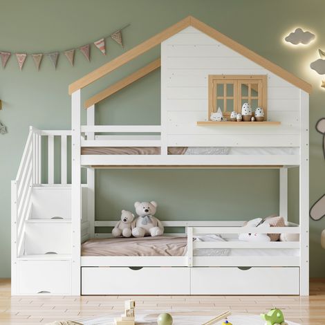 Lit superposé 90x200 cm, lit en bois massif, avec escalier de rangement et fenêtre, design petite maison, 2 tiroirs, sommier à lattes, pin + MDF, lit enfant, lit ado, lit double - Blanc (1/5)
