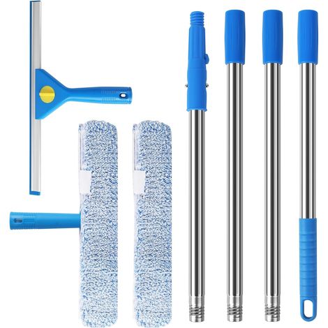 1,5 m Fensterabzieher mit Teleskopstiel, 35 cm Fensterabzieher und 38 cm Mikrofaserbürste, professioneller Fensterabzieher, geeignet für Autofenster, Duschen und Glastüren
