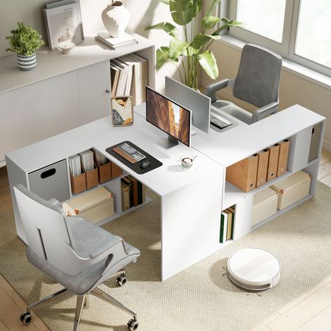 Bureau d'angle blanc moderne 110x100x75 cm avec tiroir en tissu et étagère de rangement (1/5)