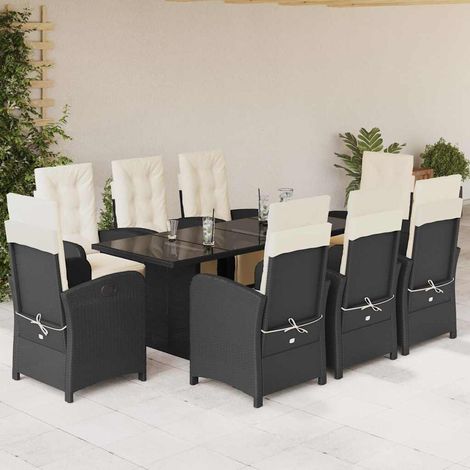 Salon de jardin 9 pièces avec 8 fauteuils inclinables, résine tressée noire et table en verre - PANGIVO (1/5)