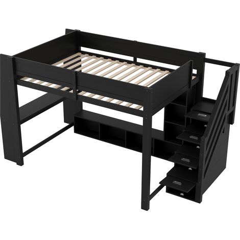 Cama alta 140 x 200 cm con escritorio, almacenaje y escalera, negro (1/5)