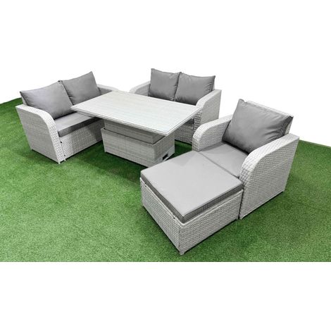 Fimous High Back Poly Rattan Garden Furniture Set with Reclining Chair Loveseat Sofa Adjustable Lifting Dining or Coffee Table Indoor Outdoor Patio Set Big Stool Light Grey (1/5)