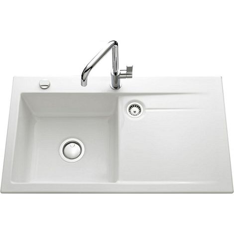 Évier de cuisine blanc STEMA égouttoir à gauche - L 900 x l 510 x P 200 mm - Sous-meuble 60 cm - Aquatop (1/3)