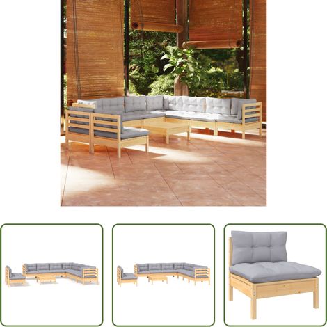 Terrassensofa - 10-tlg. Garten-Lounge-Set mit Grauen Kissen Massivholz Kiefer (1/5)