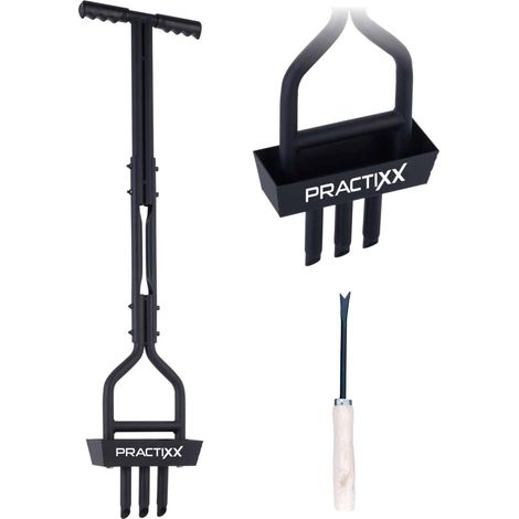 Practixx Aérateur de pelouse Manuel avec bac de récupération PX-RL10 - Largeur de Travail 20 cm - 3 Dents - Poignée Souple - Noir