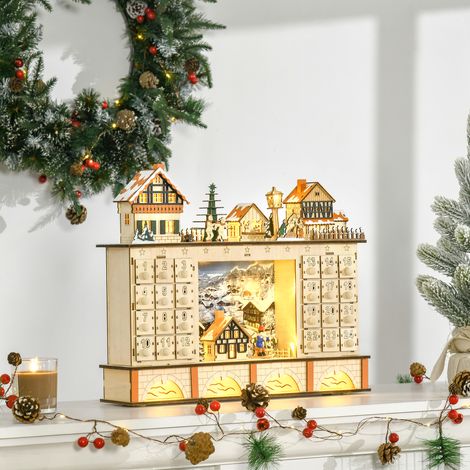 Calendrier de l'Avent en Bois avec 24 Tiroirs à Remplir, Décoration avec Village de Noël et Lumières, 44x10x37cm (1/5)