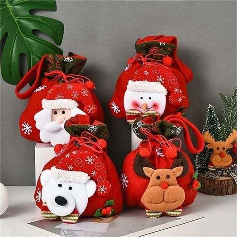 [JAMAIS UTILISÉ]Sac cadeau de bonbons de Noël, paquet de 4 sacs de Noël Père Noël enfants cadeaux de Noël sac de bas de bonbons exquis flocon de neige père Noël imprimé sac de bonbons de Noël