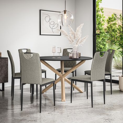 Malvern Round Dining Table And Chairs - Black Table Top w Solid Oak Legs + Monza Fabric Dining Chair Set Of 6 (Grey) (1/5)