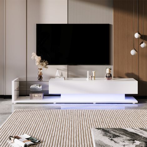 Fortuna Lai – Meuble TV brillant 170x38x36cm – Cloisons vitrées – Éclairage LED réglable – Style moderne et naturel – Blanc (1/5)