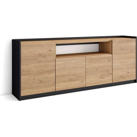 Aparador Almayate-01 de 207x80x37 cm con 4 puertas, color roble y negro (1/4)