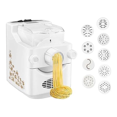 Machine à pâtes électrique entièrement automatique, machine à spaghettis avec 9 grilles à pâtes et 1 ensemble de presse à raviolis, Blanc (1/5)