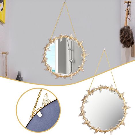 Miroir mural doré rond avec chaîne, papillon décoratif, miroir de maquillage suspendu pour salon, bureau, cadeau de pendaison de crémaillère (1/5)