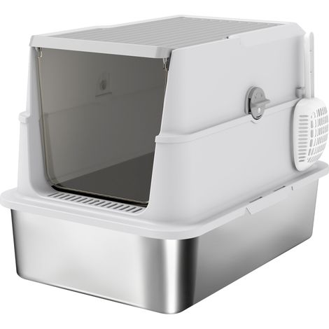 Lettiera per Gatti Grandi con Coperchio Ribaltabile Paletta e Deodorante in Acciaio Inox Grigio Chiaro (1/5)