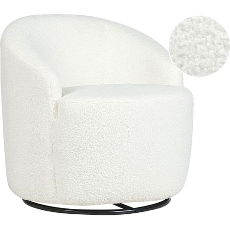 Sillón respaldo curvo glamour art déco bouclé vellón base negra giratoria 360° blanco crema Davik (1/5)