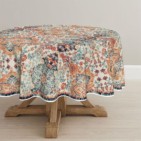Nappe ronde 140 cm, Géométrie Bohème Vintage, Anti-taches, Polyester, Orange