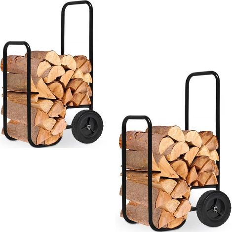 2 Chariots à Bois Cheminée Acier 80 kg - Roues Caoutchouc 105 cm