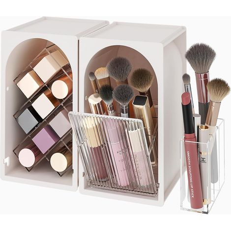 Kompaktes Make-up-Aufbewahrungsset, Badezimmer-Organizer  Make-up-Pinsel-Organizer, Lippenstifthalter mit Fächern, Schublade mit Scharnier, Aufbewahrung für Lippenstifte und Pinsel, Milchweiß (1/5)