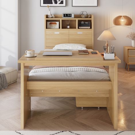 Lit simple enfant, lit ado avec rangement, cadre avec étagère en tête de lit, tiroir extractible et bureau rabattable réglable, montage flexible des tiroirs, couleur bois naturel, 90x200 cm. (1/5)