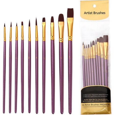 Lot de 10 pinceaux en nylon pour artiste - Pinceaux de peinture acrylique - Pinceaux de dessin pour mélanger la peinture acrylique à l'huile aquarelle - Pinceau violet (1/5)