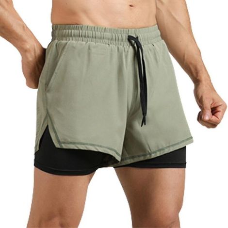 Doppellagige Herren-Sporthose mit Reißverschlusstasche, atmungsaktiv und schnelltrocknend, ideal für Training und Radfahren – Größe 2XL – Grün (1/4)