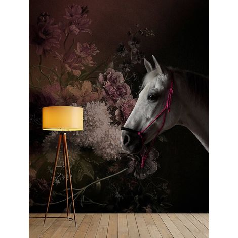 Papier peint panoramique cheval moderne | Tapisserie panoramique fleurie noir & violette | Papier peint panoramique floral animaux pour chambre fille - 270 x 400 cm (4 pièces) (1/5)
