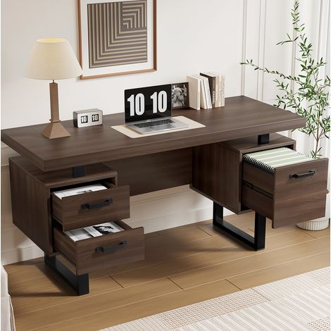 Bureau 135x54 cm marron et noir en MDF et métal avec 2 tiroirs silencieux et rangement dossiers (1/5)