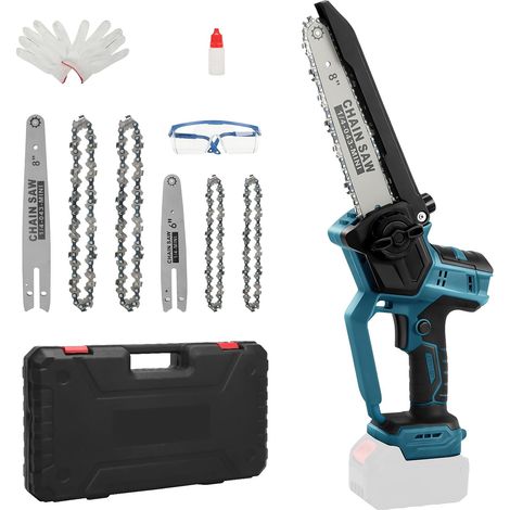 Tronçonneuse sans fil 8 et 6 pouces 18V (sans batterie) Mini tronçonneuse sans balais, avec lubrification automatique, 2 plaques, 4 chaînes, gants, lunettes et coffret (1/5)