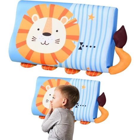 Oreiller enfant en mousse à mémoire de forme - Oreiller enfant - 44 x 27 cm - Motif lion mignon - Housse amovible - Confortable - Cadeau idéal pour un garçon - Bleu (1/5)