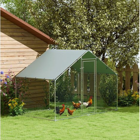 Enclos extérieur pour poules 300 x 170 x 190 cm avec toit étanche anti-UV, acier galvanisé, argenté (1/5)