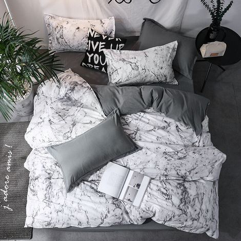 Parure de Lit Marbre Blanc et Gris Anthracite - 3 Pièces Pour Lit Double - Motifs Imprimés Des Deux Côtés(200 x 200 cm)