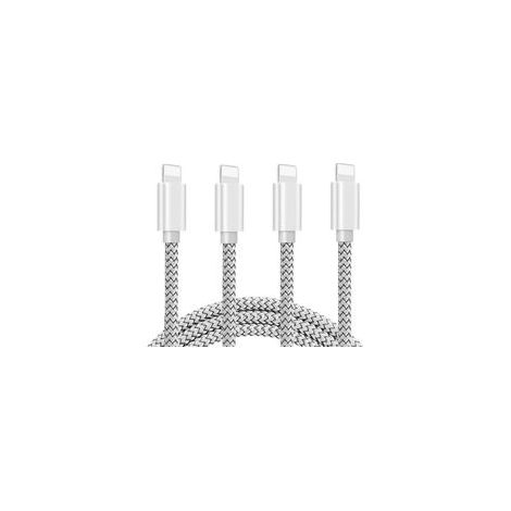 4er-Pack Handy-Ladegeräte + 3 m lange, nylonummantelte USB-Kabel, kompatibel mit iPhone 11 Pro Max/XS Max/XR/X/8/7/6, Silber