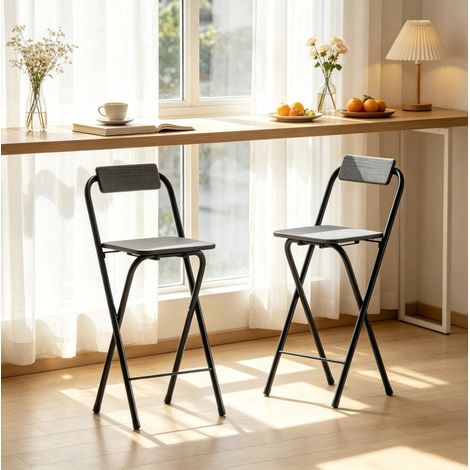 Set di 2 sgabelli da bar pieghevoli con schienale e poggiapiedi in MDF e acciaio, 87 cm, neri OKWISH (1/5)