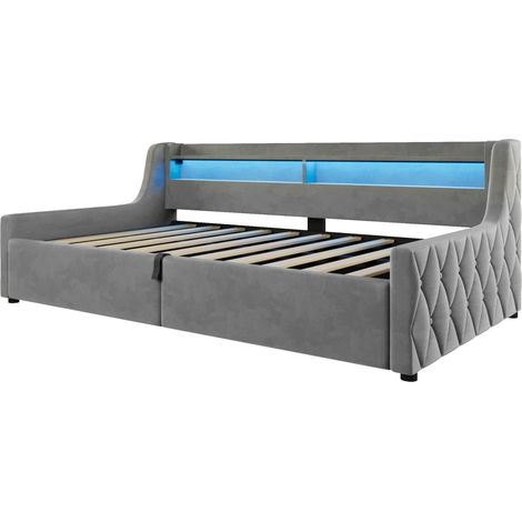 90x200 cm Plattformbett aus grauem Samt mit hydraulischem Stauraum und LED-Beleuchtung (1/5)