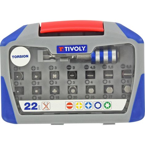 Tivoly • Coffret d'Embouts de Vissage Torsion 22 pièces • 21 Embouts de Vissage + 1 Porte-Embout Magnétique Quick Change • Attache Hexagonale Ø6,35mm