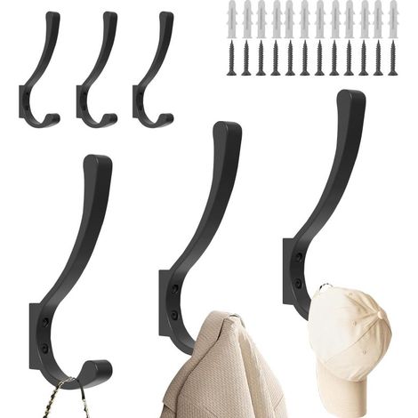 Schwarzer Metall-Doppelhaken für Garderobe. Zur Wandmontage oder Anbringung an der Türrückseite geeignet. Ideal zum Aufhängen von Jacken, Rucksäcken und mehr. 6 Stück (1/5)