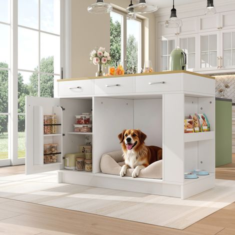 Îlot de cuisine blanc 120x60x90 cm, meuble avec 3 tiroirs, étagère à épices, rayon ajustable, double tablette (sans bol pour chien), grand espace de stockage pour animaux (sans coussin), rangement spa (1/5)