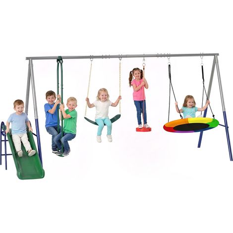 Balançoire Portique Enfants - AIYAPLAY - Toboggan, 3 Balançoire, Face à Face, Hauteur Réglable - Acier - charge 350kg - Multicolore
