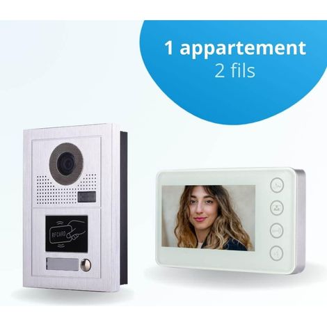 Portier interphone vidéo MODERN 2 Fils - 1 appartement - 1 écran blanc - avec lecteur de badge