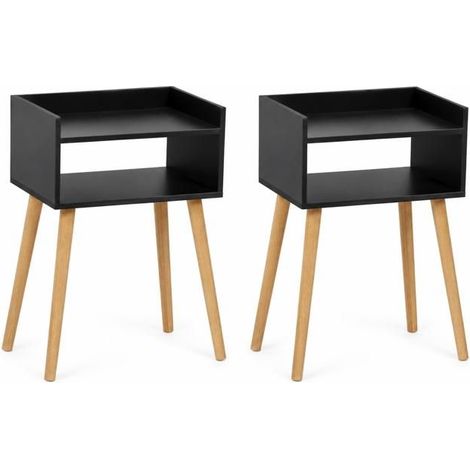 Table de chevet - JUANIO - Style scandinave moderne - finition noire - pieds effet bois - rangement ouvert (lot de 2)